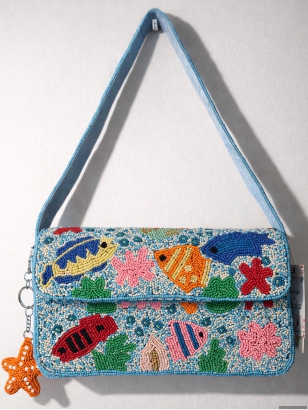 RARE Viral Hand-Beaded Ocean Motif Shoulder Bag in Light Blue